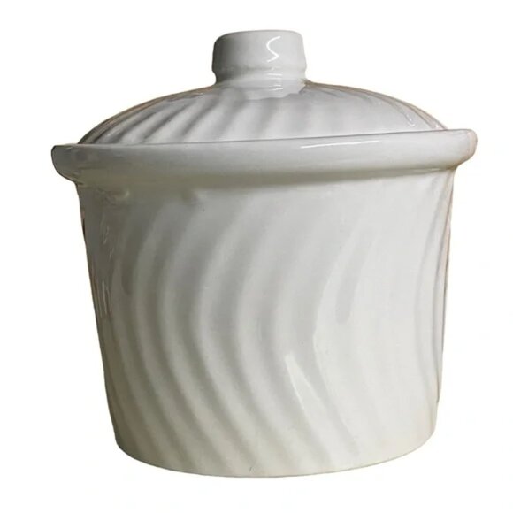 FARMHOUSE KITCHEN White Casserole Butter Crock with Swirl Design and Cover 4"x5" - Picture 9 of 12